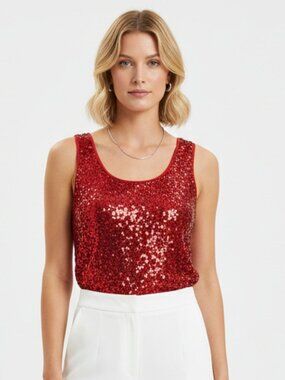 George Red Sequins Sleeveless Tank Top L